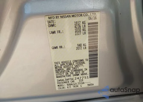 2016 Nissan Altima 2.5/2.5 S/2.5 Sl/2.5 Sr/2.5 Sv из США, поврежденный, VIN 1N4AL3AP7GC247751